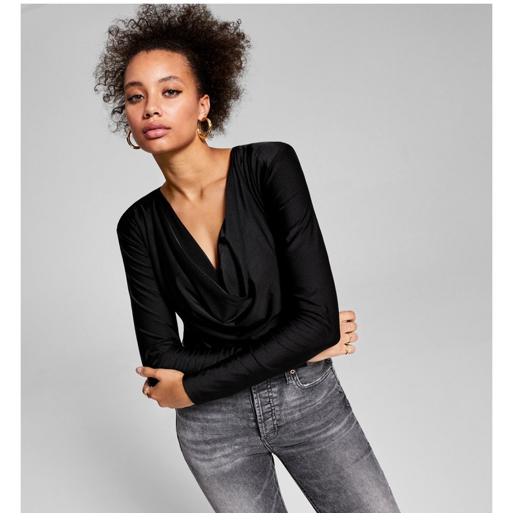 And Now This . Woman's Slinky Cowl Neck Knit Bodysuit . Size Small New